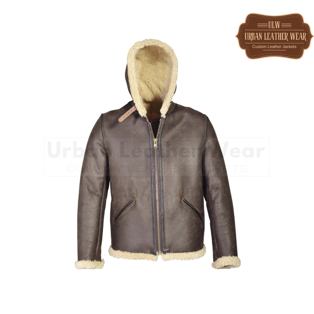 Men Hoodie Shearling Leather Jacket Brown