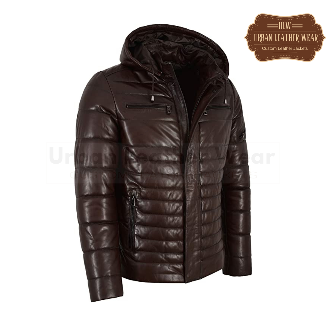 Men Puffer Hooded Lambskin Leather Jacket (Brown)

