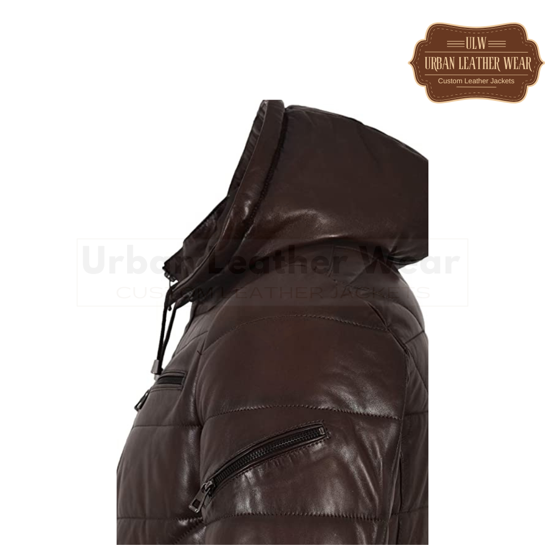 Men Puffer Hooded Lambskin Leather Jacket (Brown)

