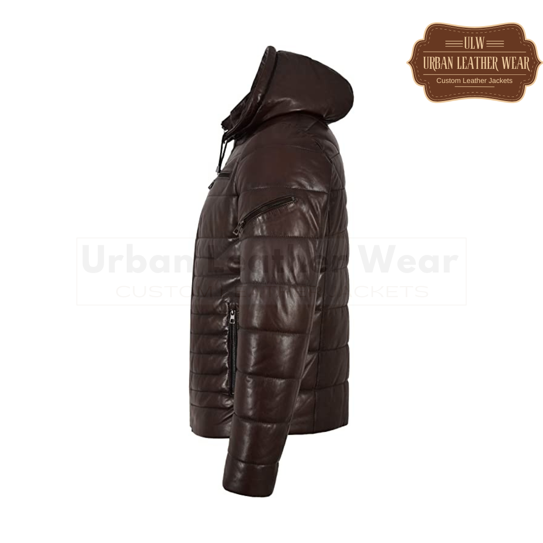 Men Puffer Hooded Lambskin Leather Jacket (Brown)

