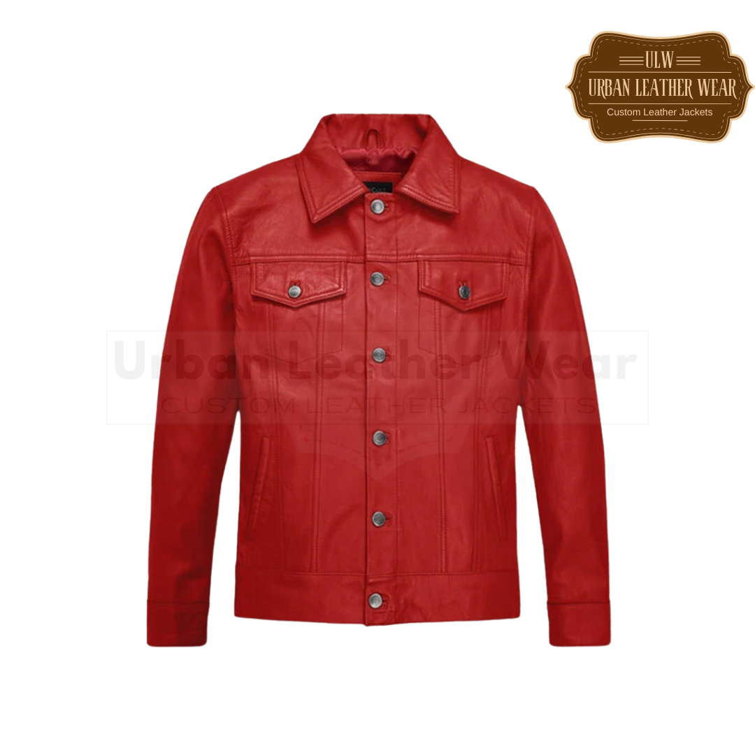 Shop our Men Red Real Leather Trucker Jacket. Made with genuine leather