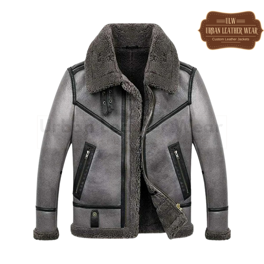 Men Shearling Grey B3 Leather Jacket

