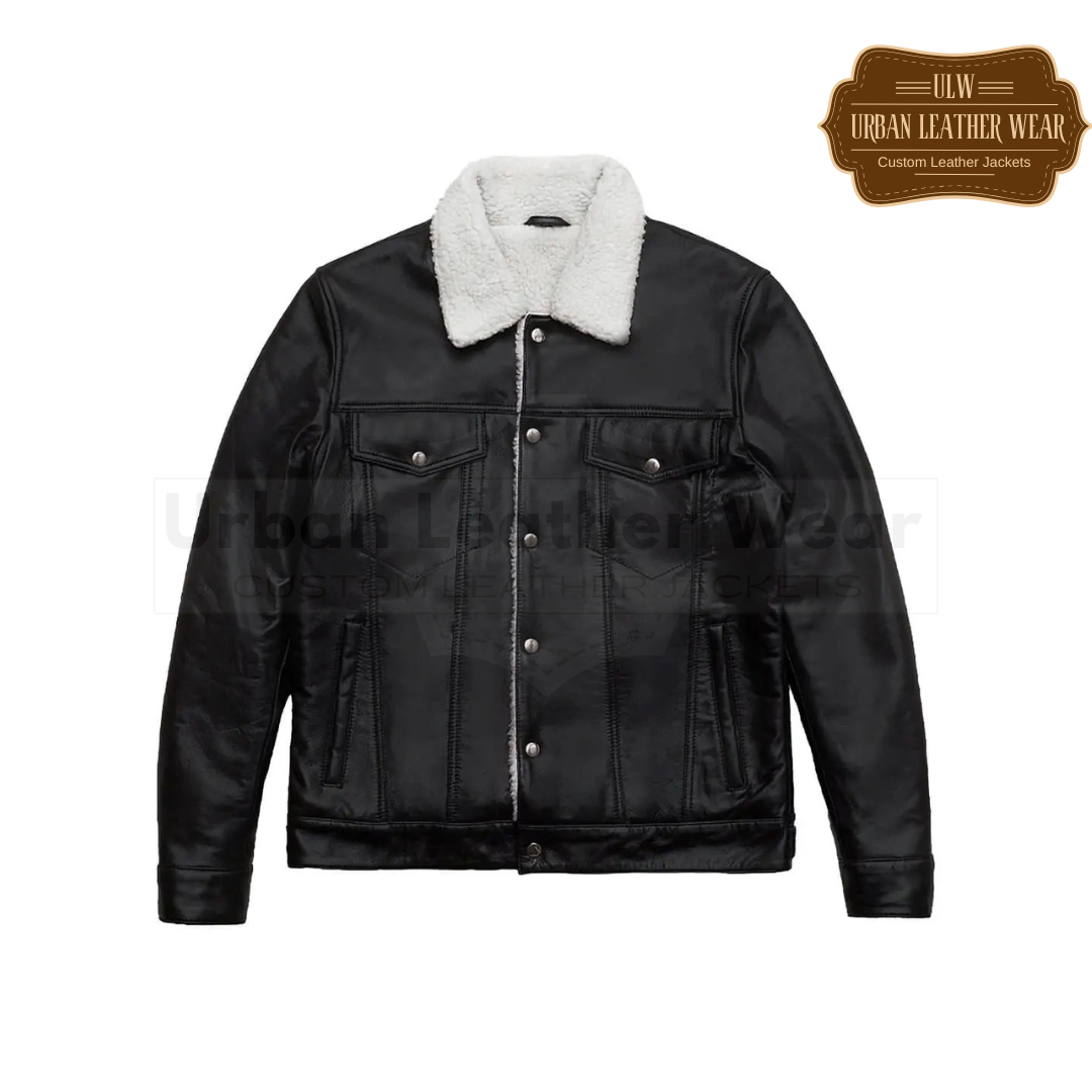 Shop our Men Shearling Leather Trucker Jacket. Made with genuine shearling leather