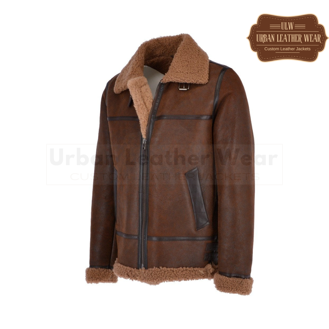 Men Shearling Leather Flying Jacket (Brown)