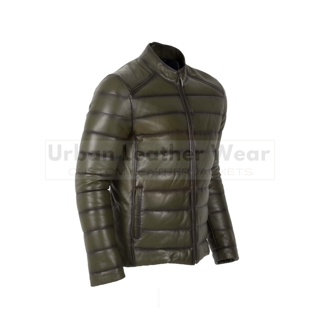 Men Sport Soft Inflatable Genuine Leather puffer Jacket

