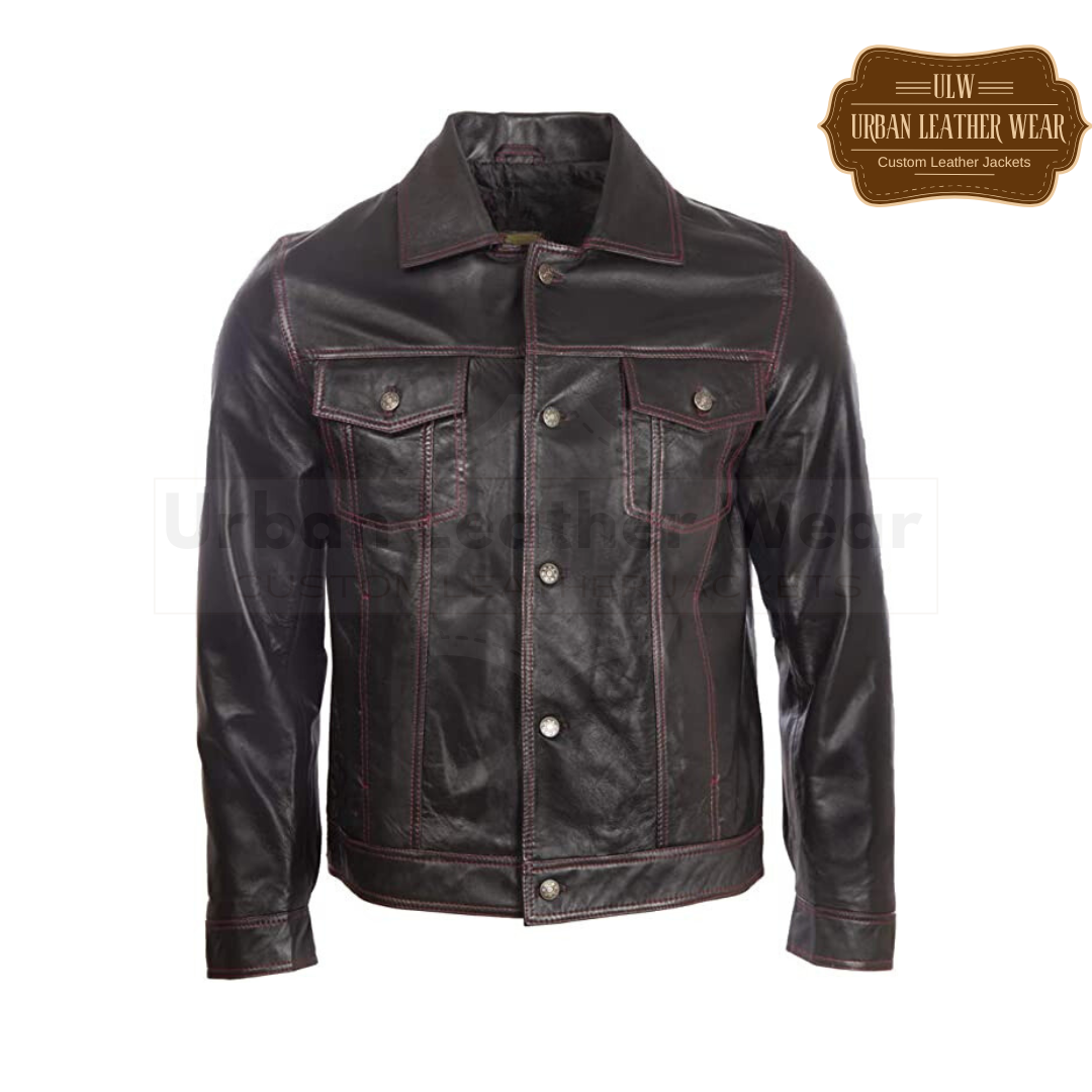 Shop Men Real Leather Classic Trucker Fashion Jacket featuring a bold black and red stitch design.