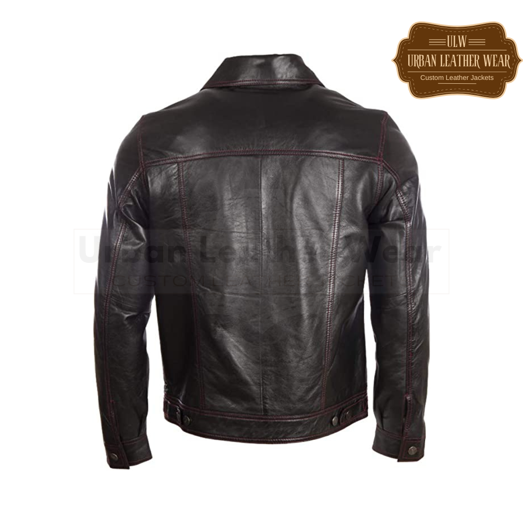 Shop Men Real Leather Classic Trucker Fashion Jacket featuring a bold black and red stitch design.