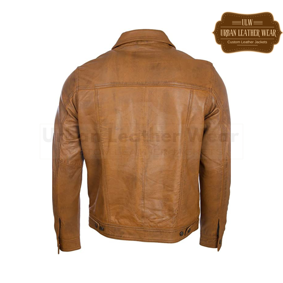 Shop our Men Leather Trucker Jacket in black and tan