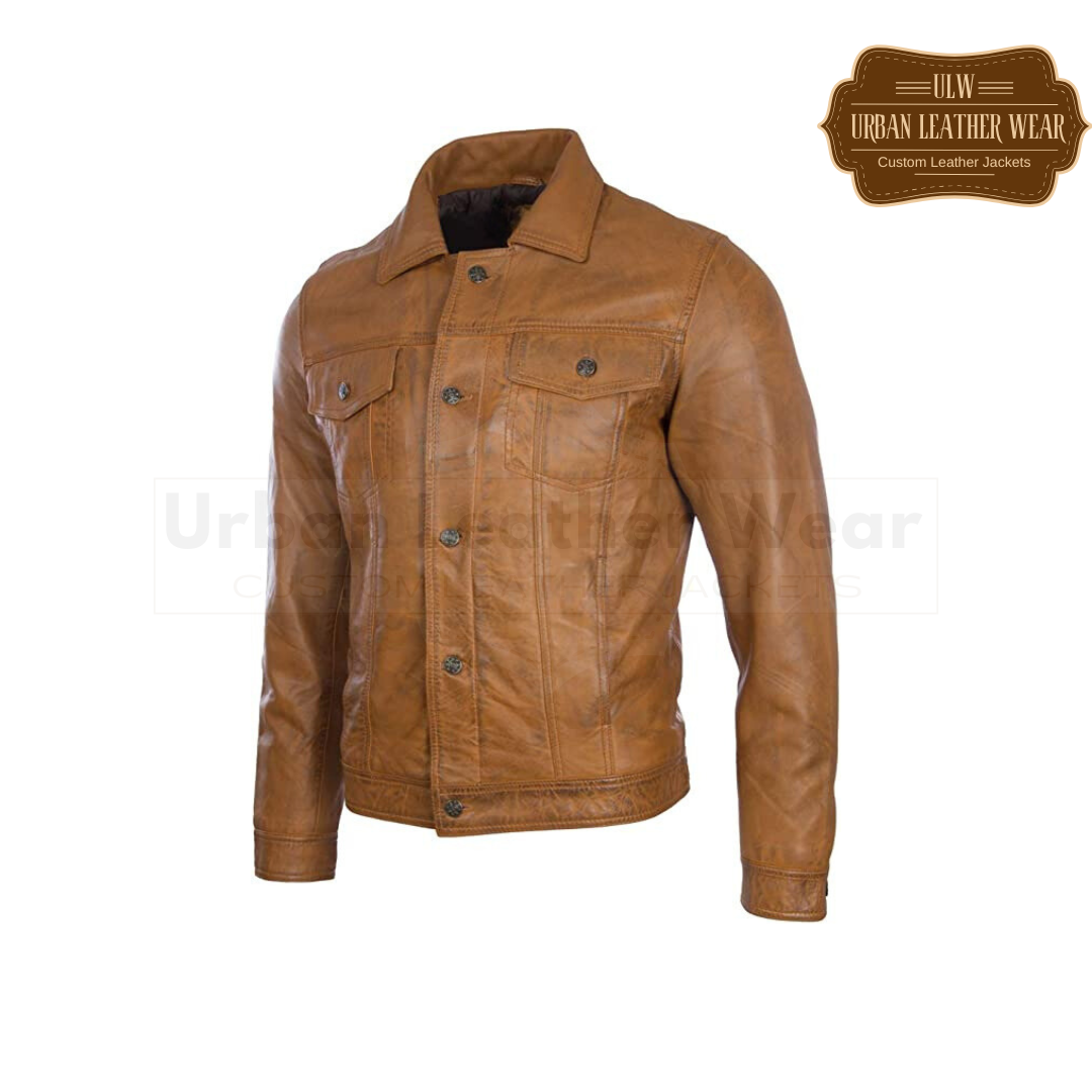 Shop our Men Leather Trucker Jacket in black and tan