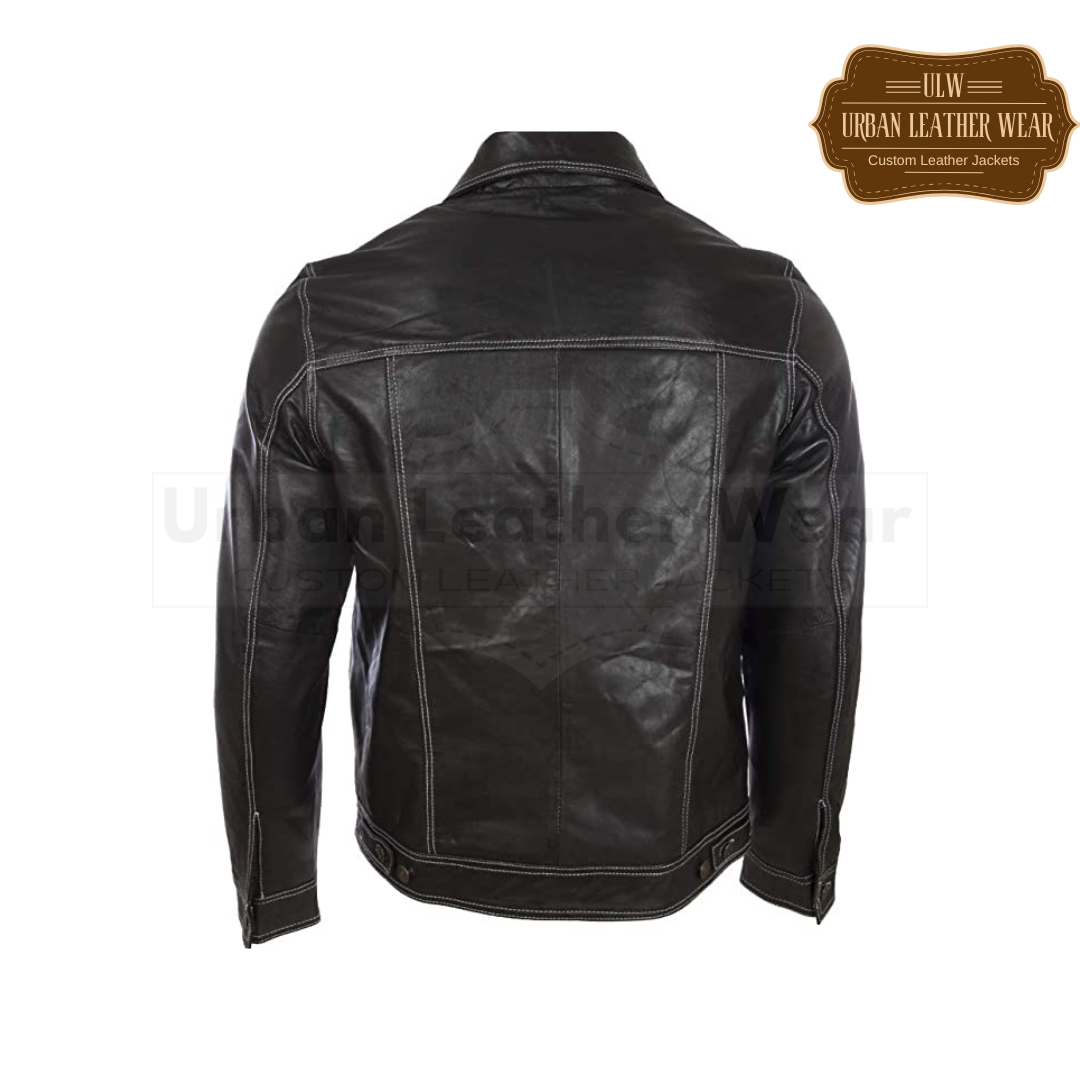 Shop Men's Leather Trucker Jacket with Black and White Stitches