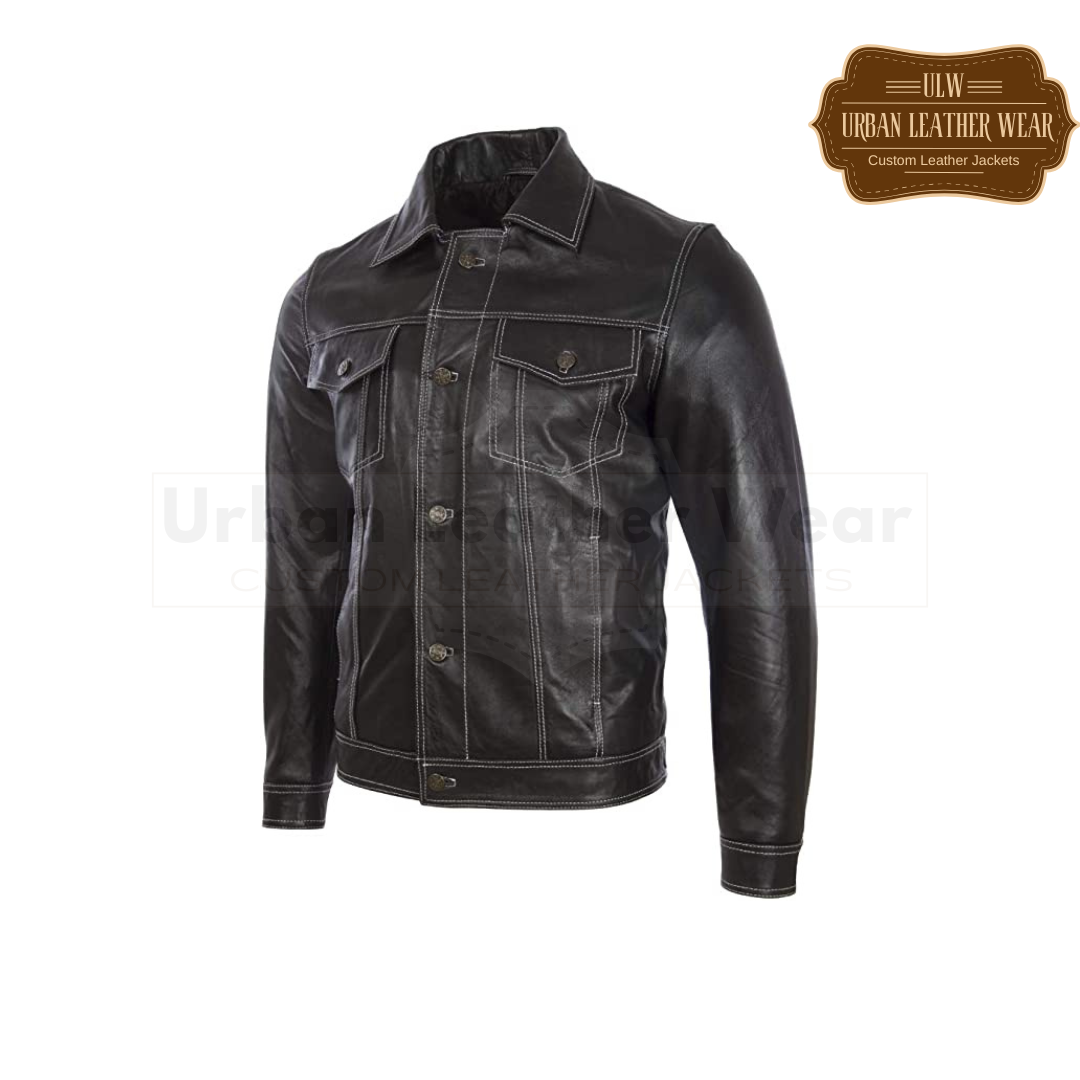 Shop Men's Leather Trucker Jacket with Black and White Stitches