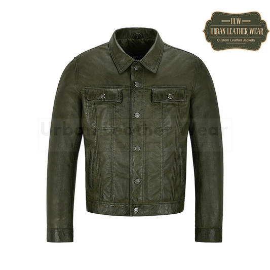 Shop our Men Trucker Leather Jacket in Olive Levis Style