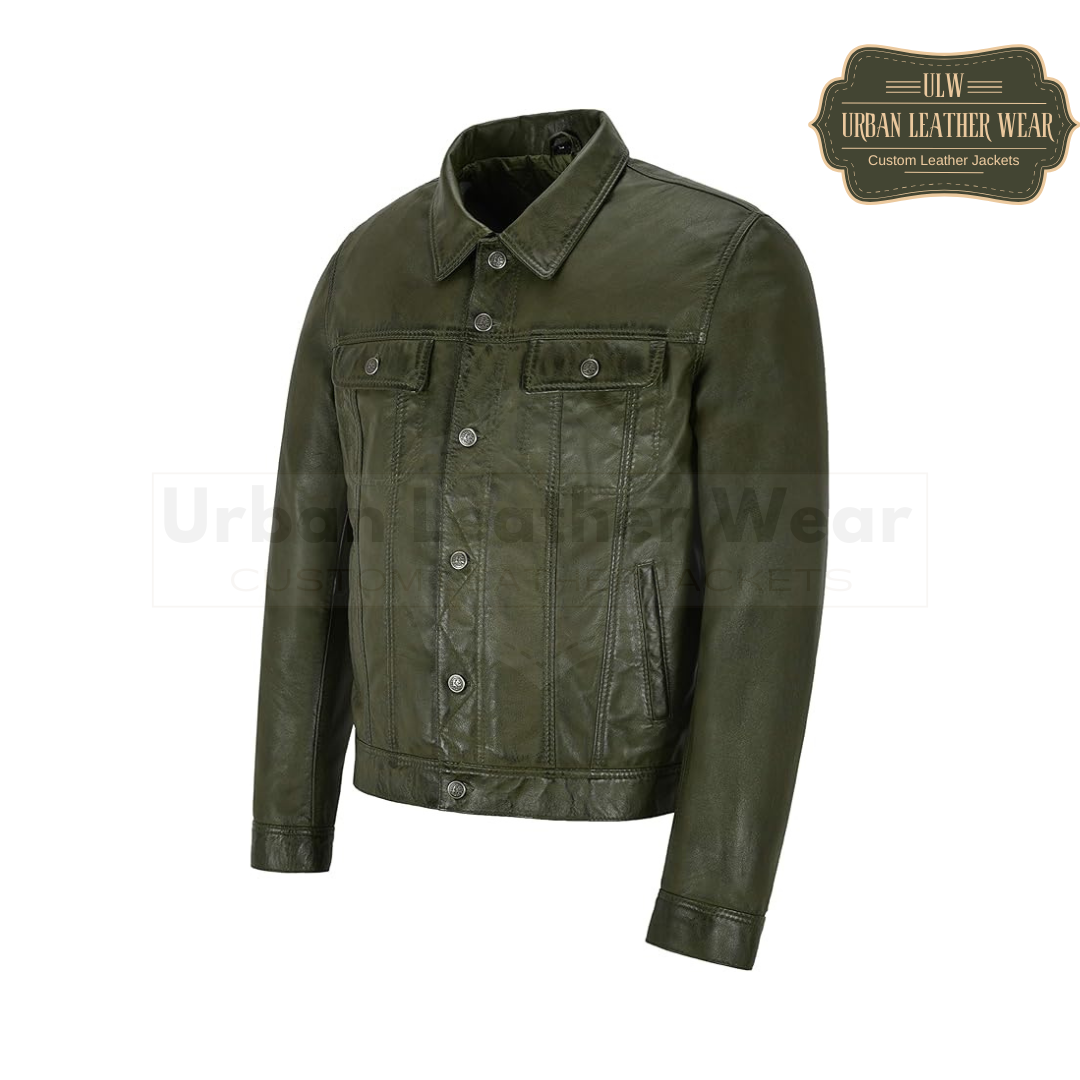 Shop our Men Trucker Leather Jacket in Olive Levis Style