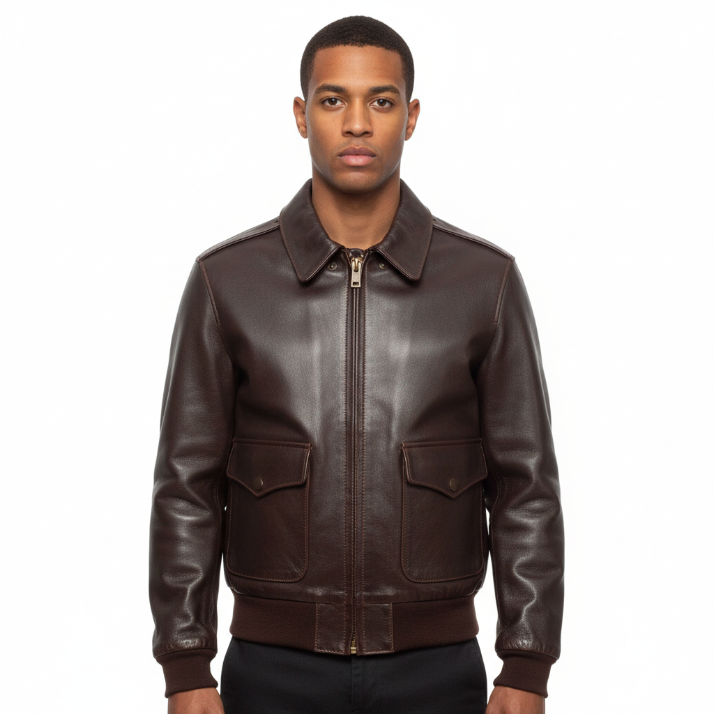 Man Wearing Memphis Belle A-2 leather flight jacket with front YKK zipper and waist pockets.