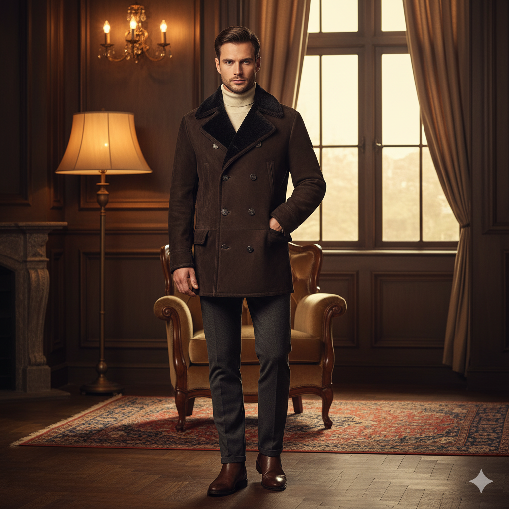 Man in a dark coat standing in an elegant room with a lamp and window, Wearing Men shearling dark brown pea coat.