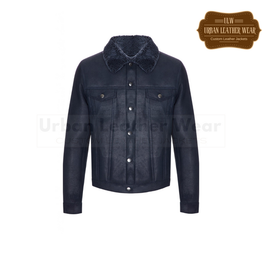 Shop our Men's Western Denim Style Shearling Trucker Jacket in Navy Blue. 