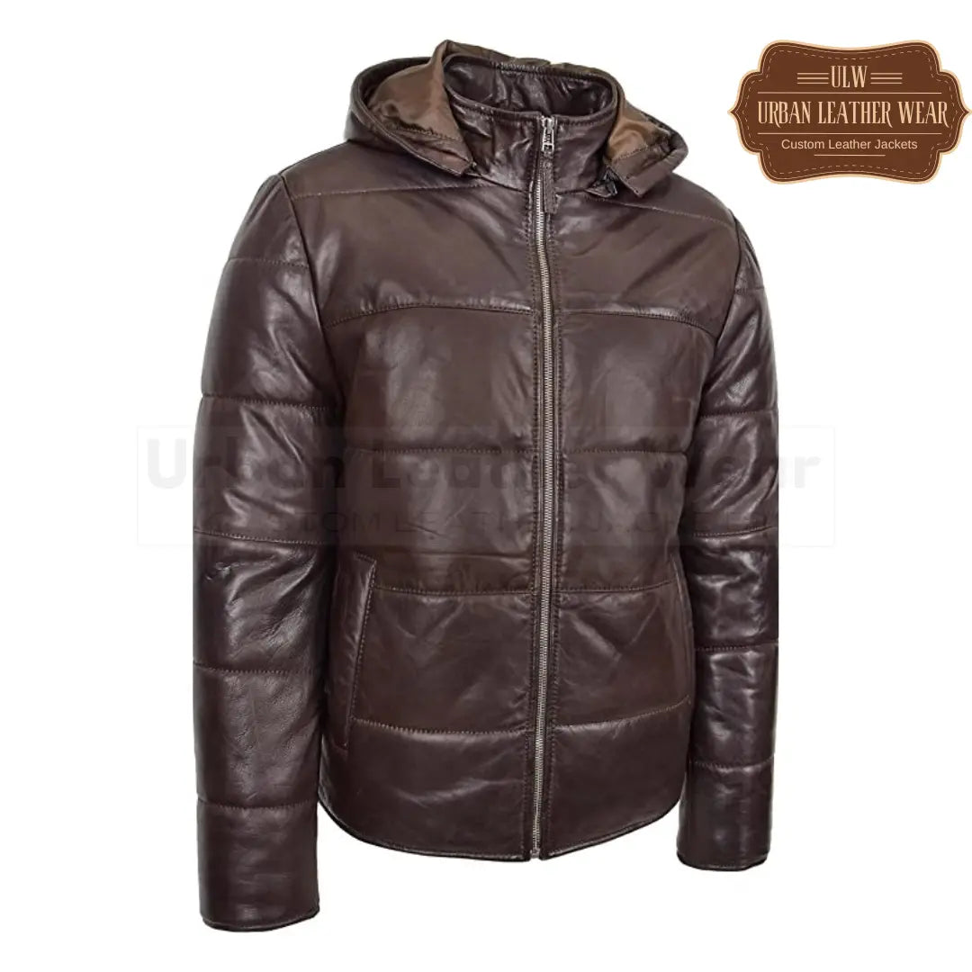 Mens Real Leather Puffer Jacket Fully Padded With Hood
