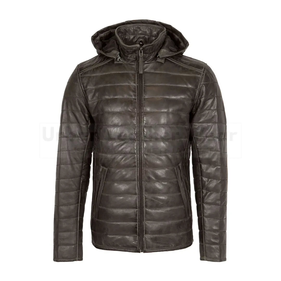 Mens leather puffer jacket brown with hood