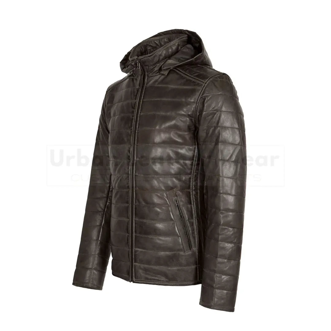 Mens leather puffer jacket brown with hood