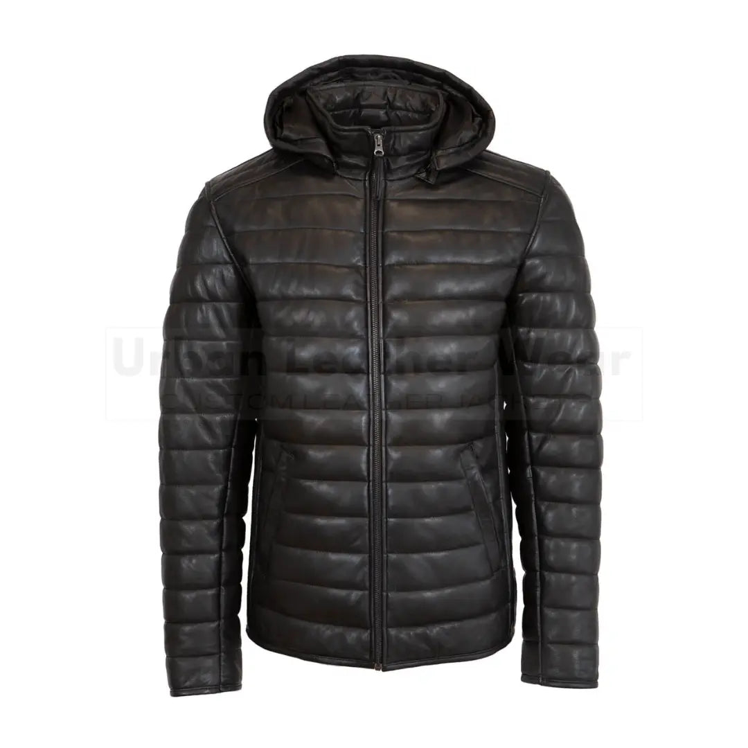 Mens leather puffer jacket dark black with hood