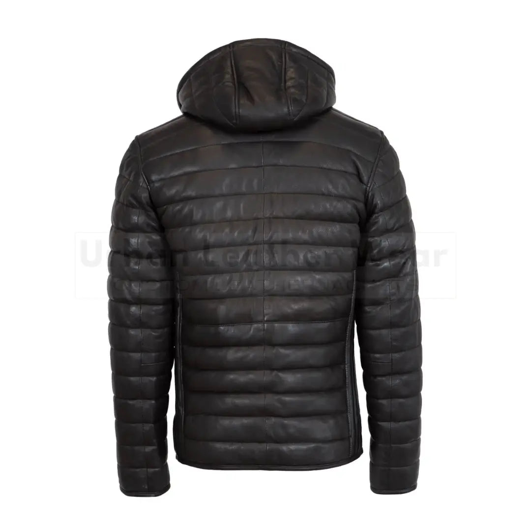 Mens leather puffer jacket dark black with hood