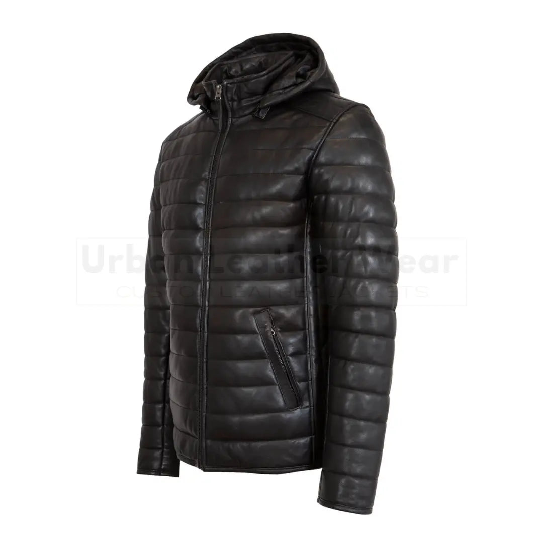 Mens leather puffer jacket dark black with hood