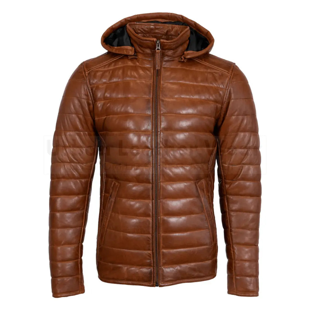 Mens leather puffer jacket dark brown with hood