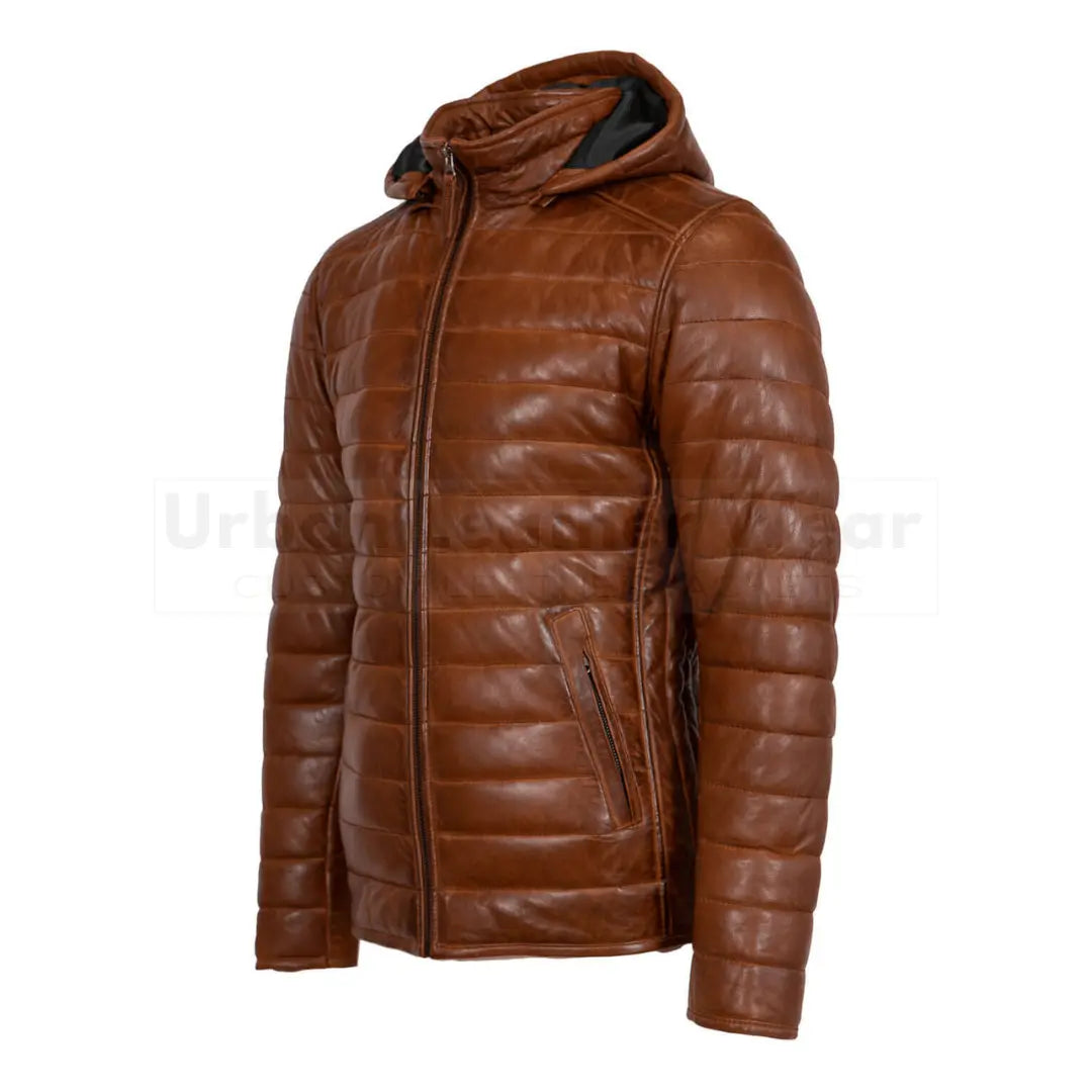 Mens leather puffer jacket dark brown with hood