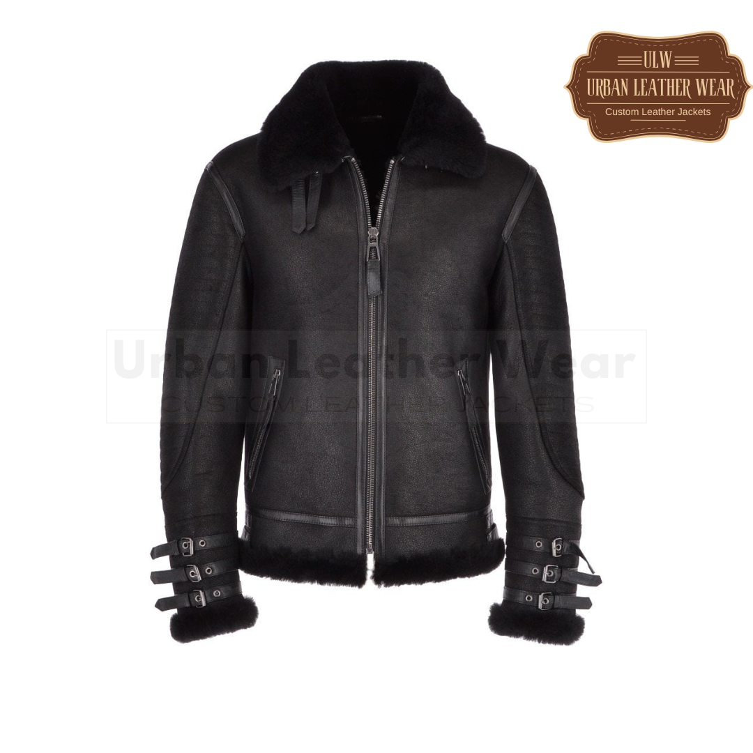 Mens Luxury Shearling Biker Flying Jacket Black