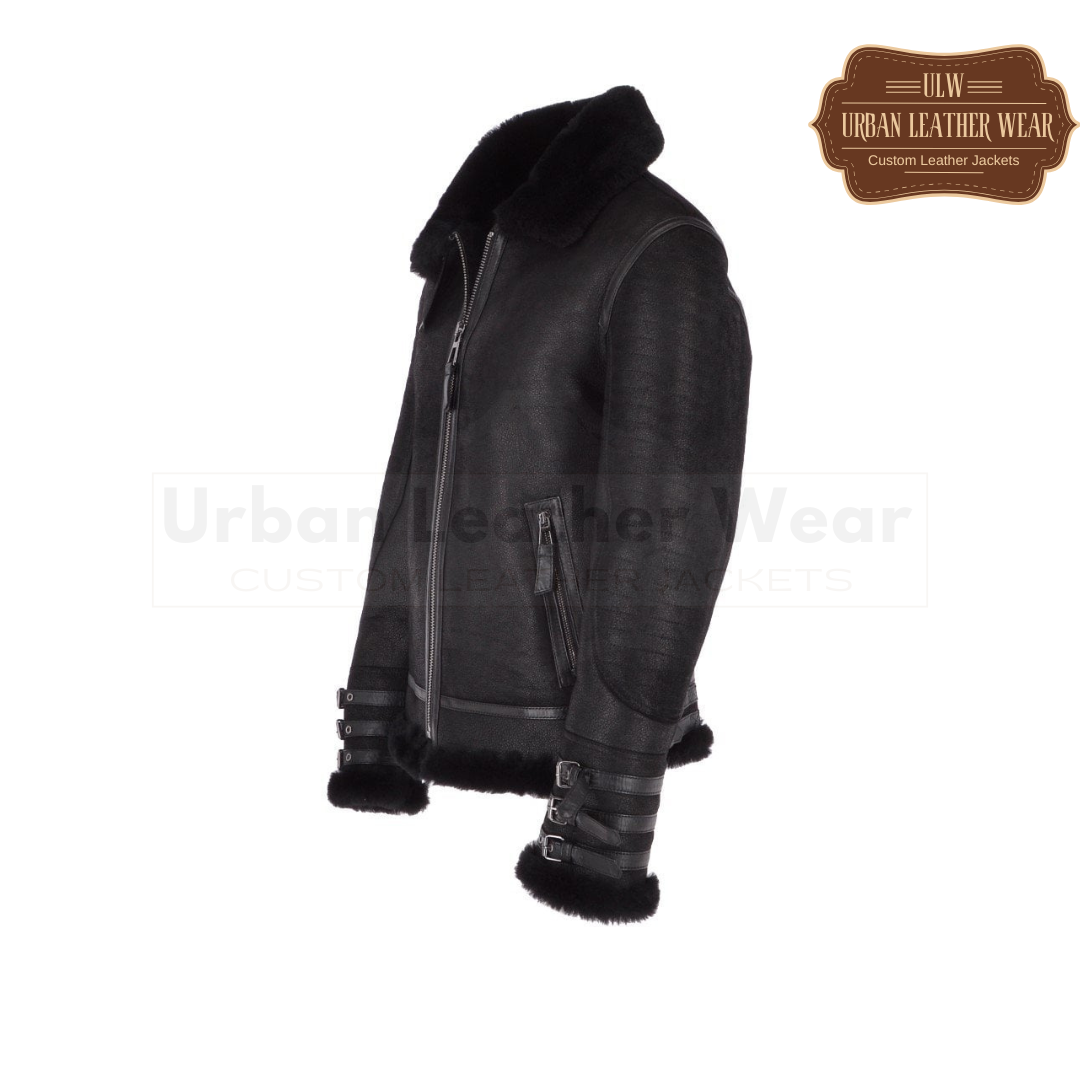 Mens Luxury Shearling Biker Flying Jacket Black