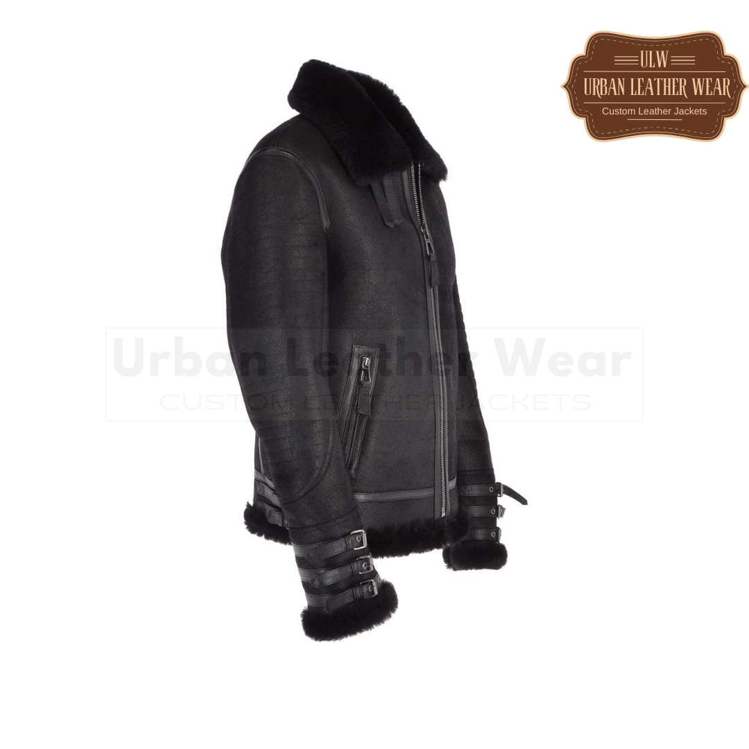 Mens Luxury Shearling Biker Flying Jacket Black

