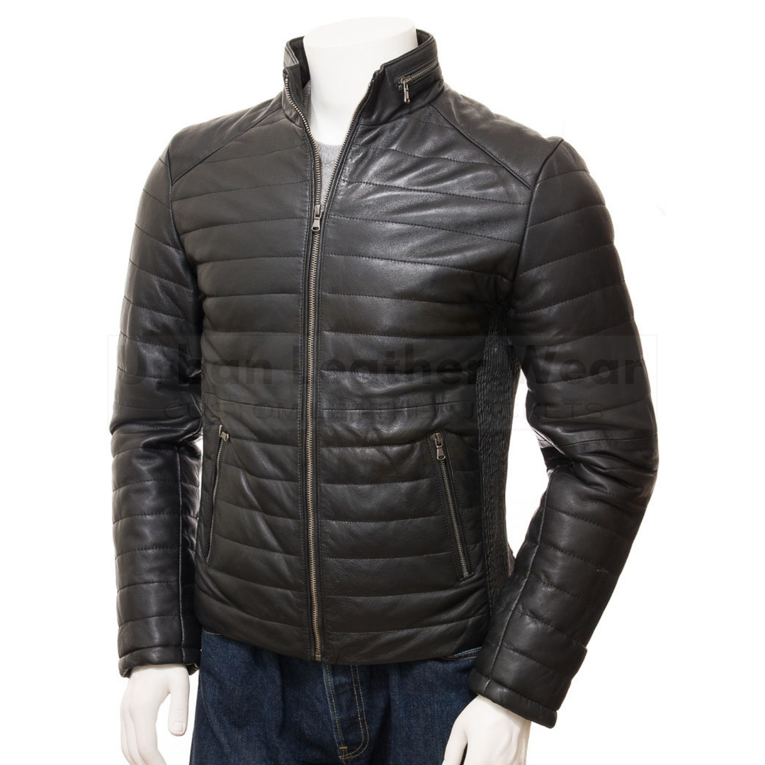 Black Men's Leather Puffer Jacket with front YKK zip, featuring a sleek design and two outer pockets, ideal for winter warmth and style.