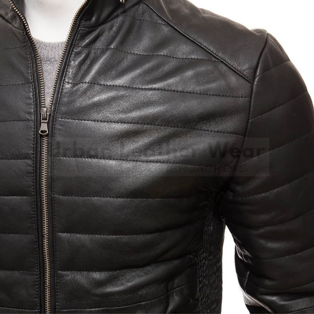 Black Men's Leather Puffer Jacket with front YKK zip, featuring a sleek design and two outer pockets, ideal for winter warmth and style.