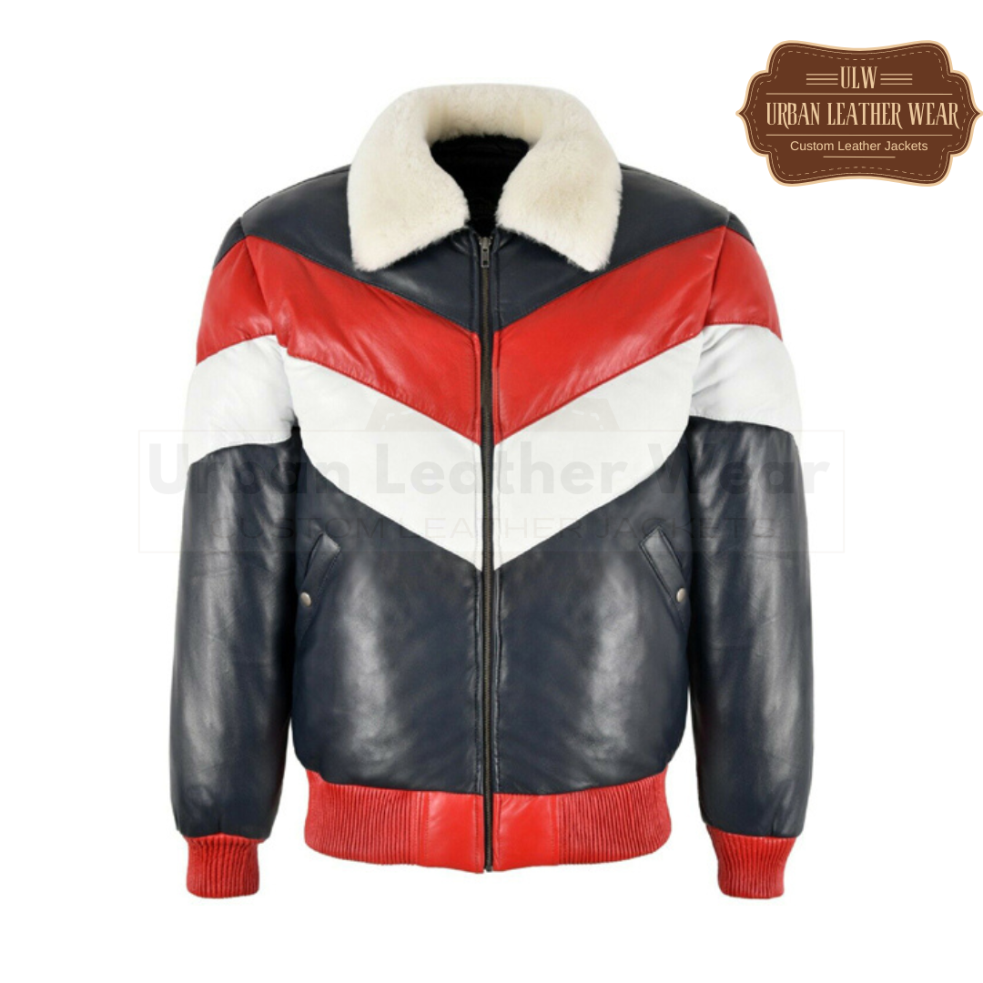 Mens Puffer Three Tone Real Leather V-Bomber Jacket (Black-Red-White)
