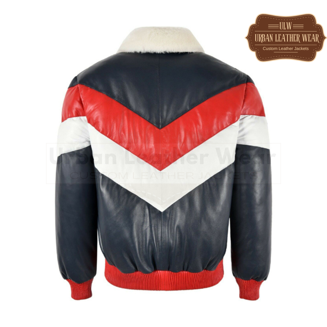 Mens Puffer Three Tone Real Leather V-Bomber Jacket (Black-Red-White)