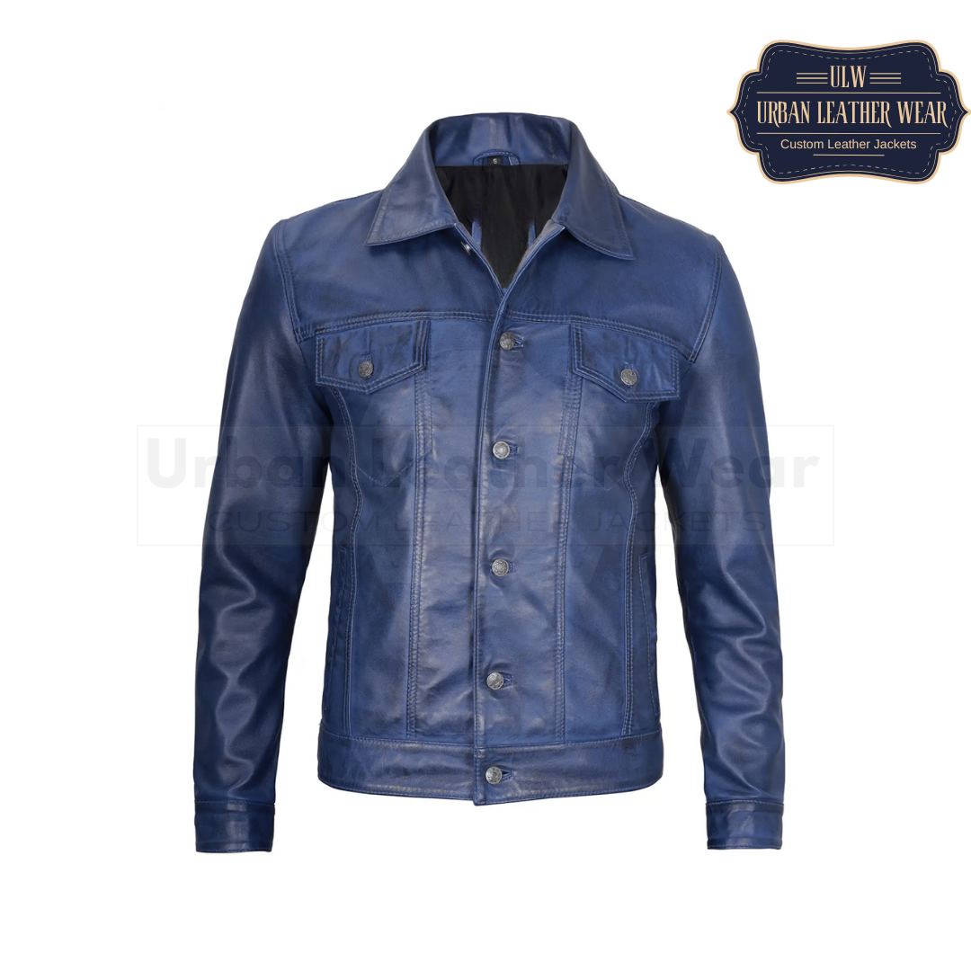 Shop our Men Real Leather Blue Trucker Jacket, inspired by the iconic Levis design.