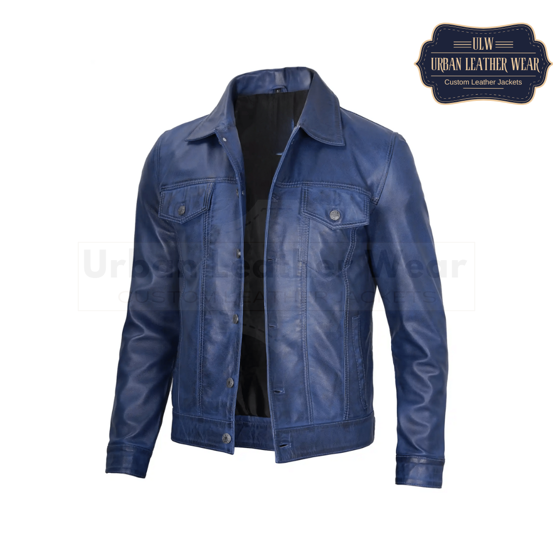 Shop our Men Real Leather Blue Trucker Jacket, inspired by the iconic Levis design.