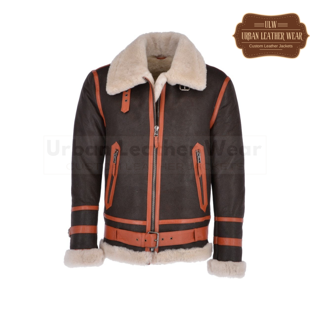 Men Shearling Flying Leather Jacket Brown Orange