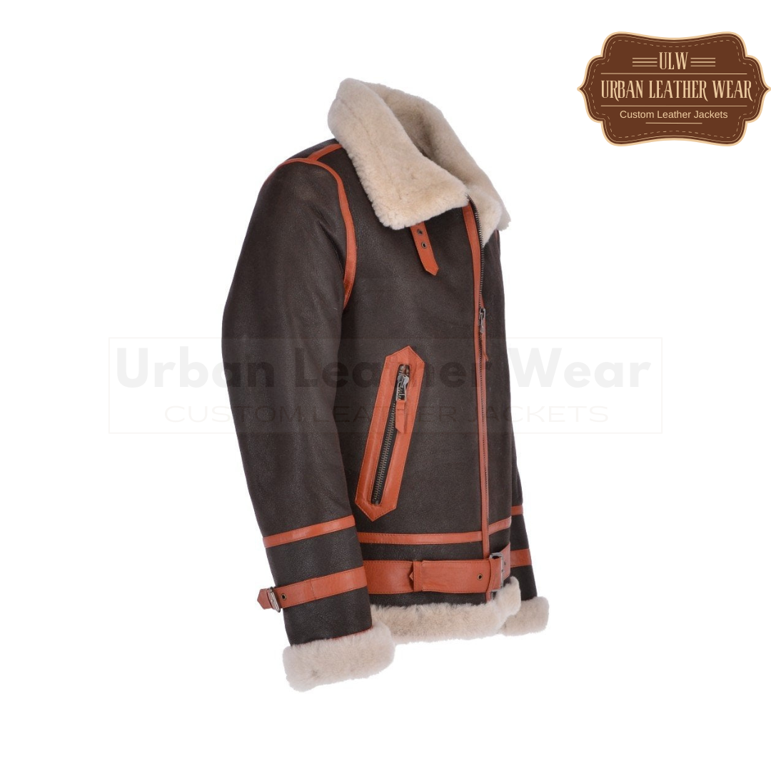 Men Shearling Flying Leather Jacket Brown Orange

