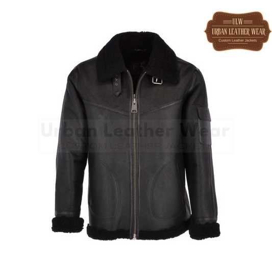 Men Shearling Pilot Leather Jacket Black