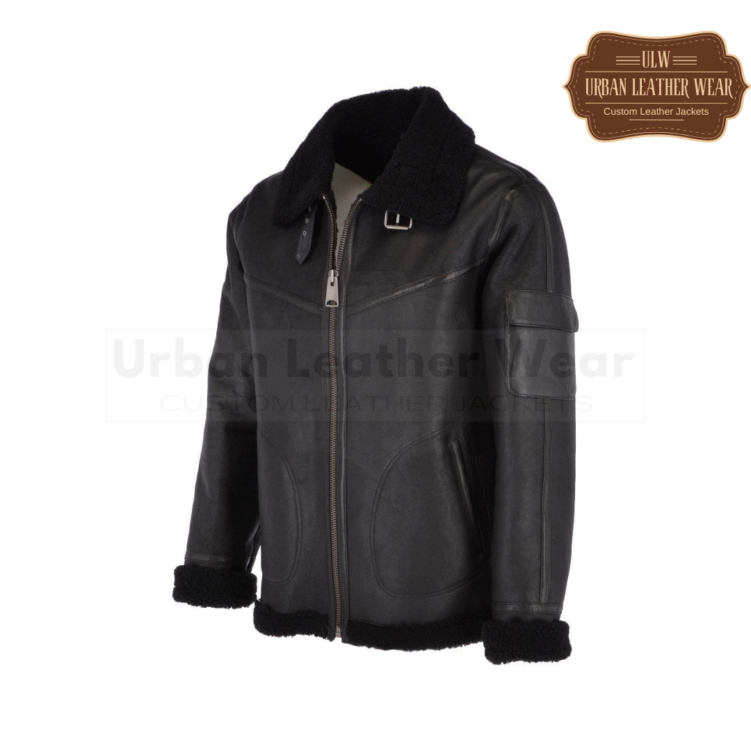 Men Shearling Pilot Leather Jacket Black

