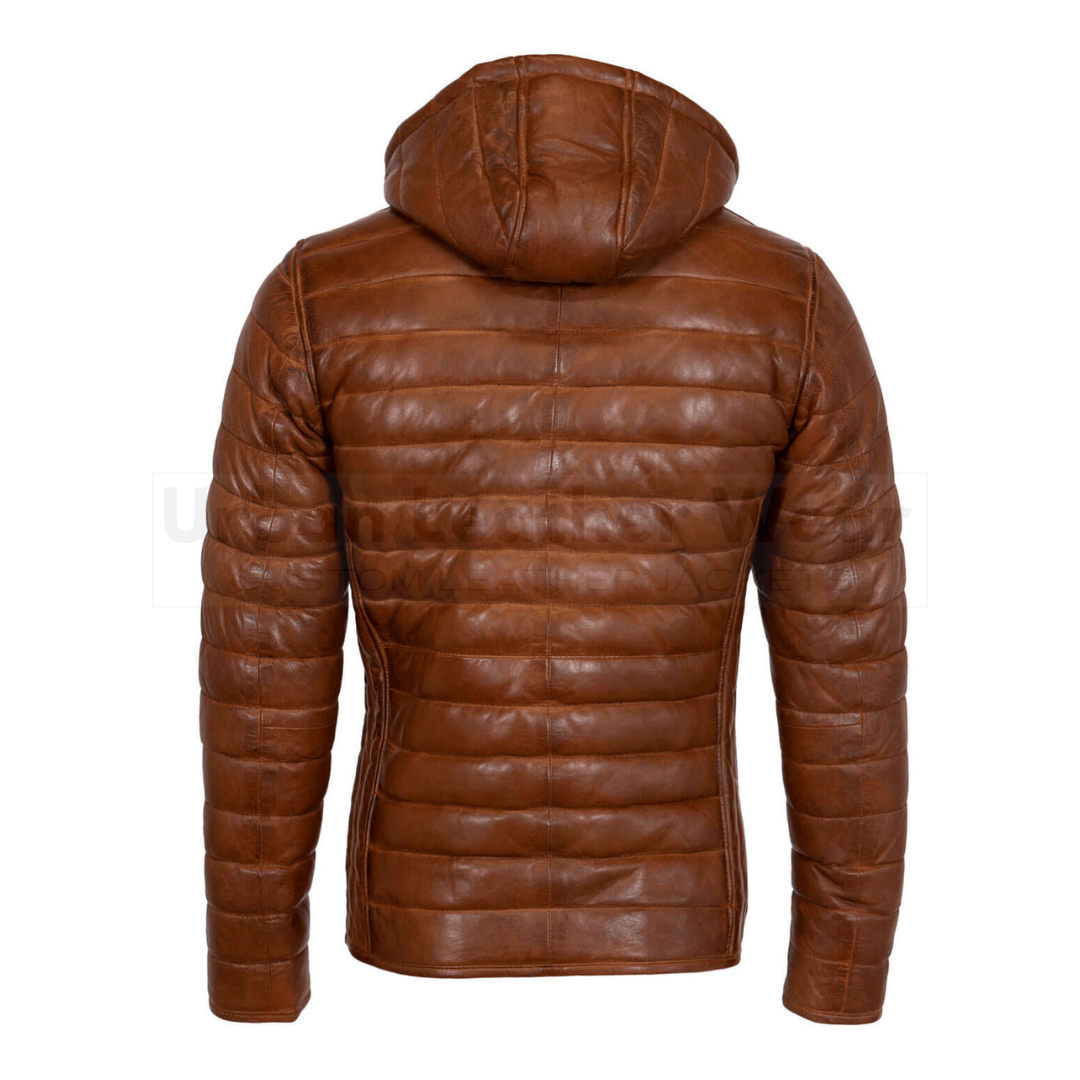 Mens leather puffer jacket dark brown with hood