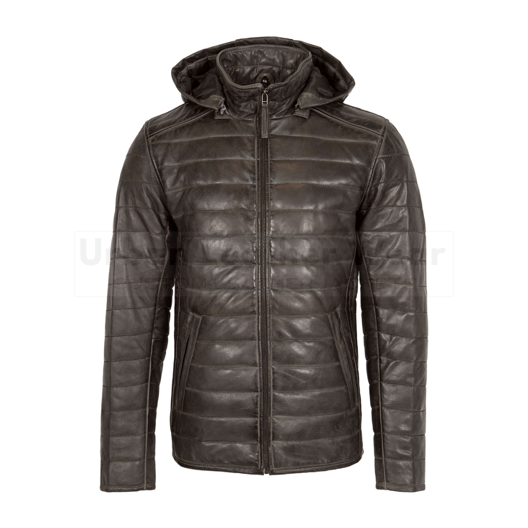 Mens leather puffer jacket brown with hood