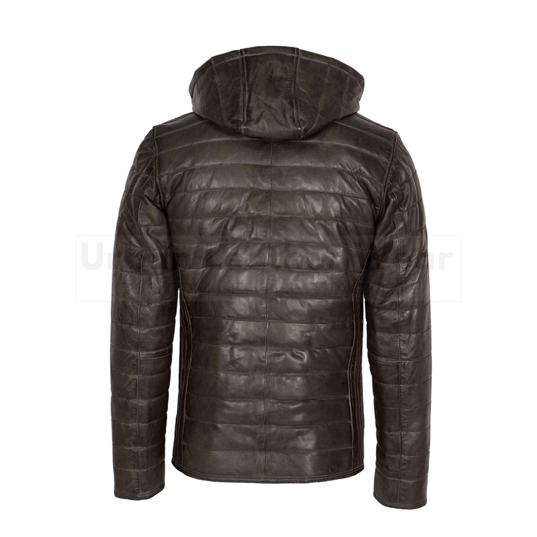 Mens leather puffer jacket brown with hood