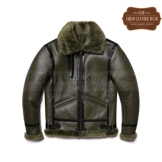 Olive Green Thick B3 RAF Bomber  Shearling Wool Leather Jacket 