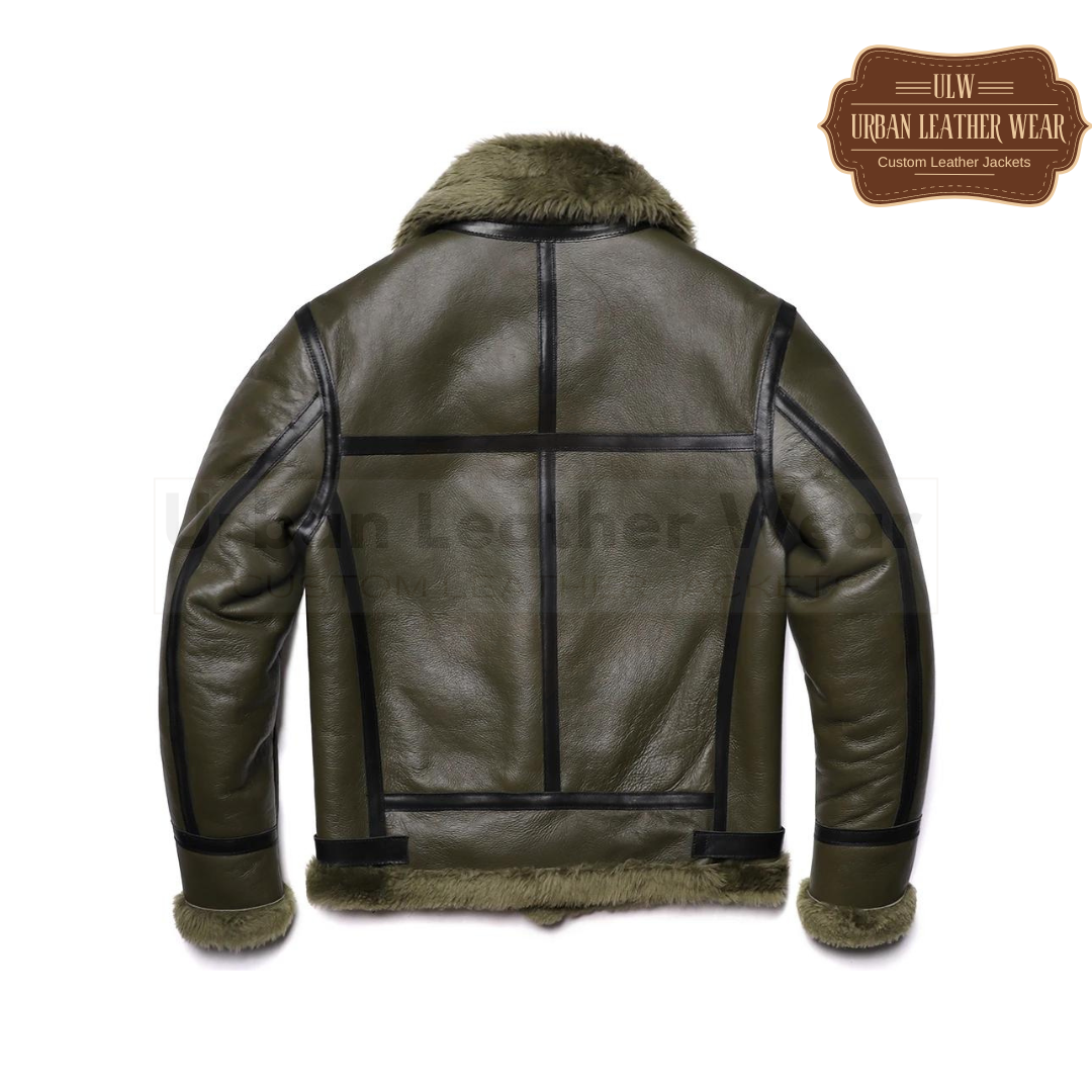 Olive Green Thick B3 RAF Bomber  Shearling Wool Leather Jacket 