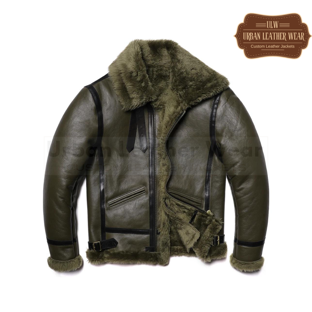 Olive Green Thick B3 RAF Bomber  Shearling Wool Leather Jacket 