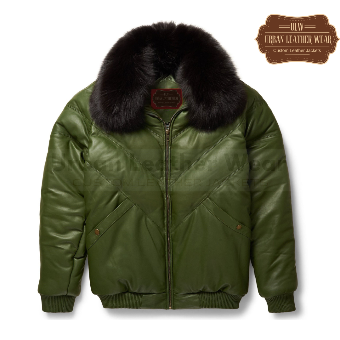 Men Olive Leather V Bomber Jacket