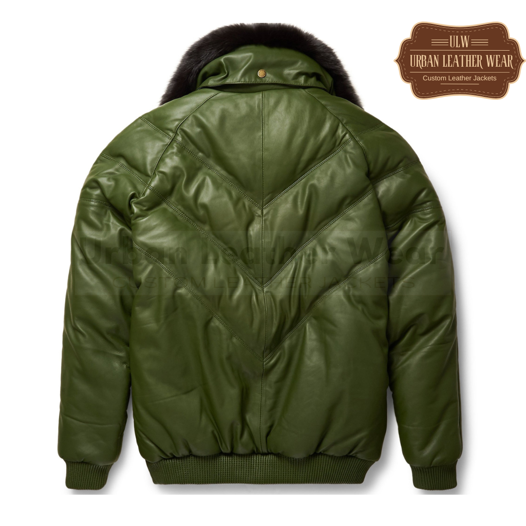 Men Olive Leather V Bomber Jacket