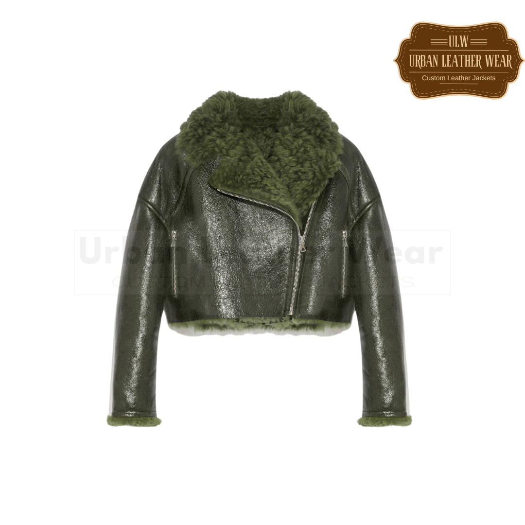 Buy our Olive Green Shearling Cropped Bomber Jacket for women! 